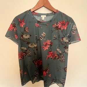 Hinge Sheer Mesh Green Balsam Peacock Floral Pattern Print Women's Medium